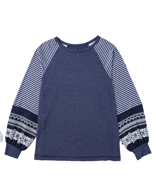 Rose Red Contrast Print Striped Raglan Long Sleeve Loose Top