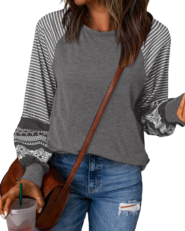 Rose Red Contrast Print Striped Raglan Long Sleeve Loose Top