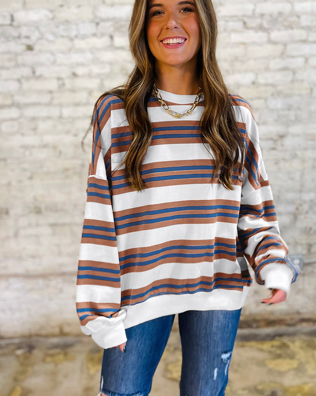 Brown Stripe Crew Neck Drop Shoulder Pullover Sweatshirt – Women’s Casual Long Sleeve