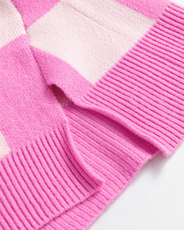 Pink Checkered Button Collared Sweater