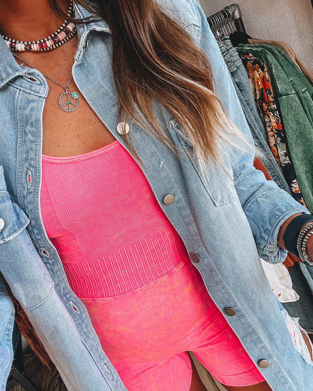 Beau Blue Light Wash Distressed Frayed Long Denim Jacket