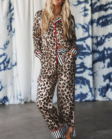 Khaki Leopard Print Colorblock Striped Patchwork Shirt and Pants Pajama Set