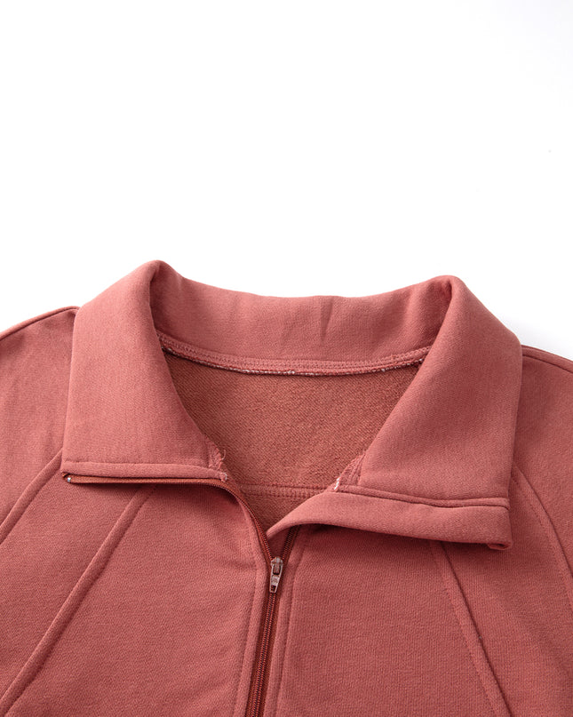 Black Zip Up Stand Collar Ribbed Thumbhole Sleeve Sweatshirt