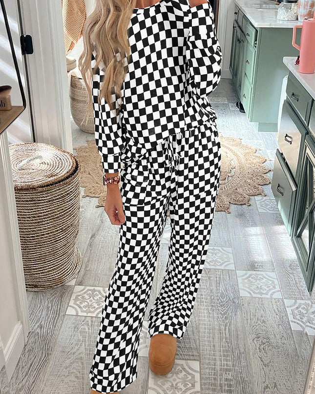 Beige Checkered Print Long Sleeve Loose Fit Pajama Set