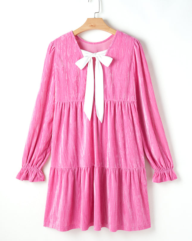 Strawberry Pink Flounce Sleeve Tiered Ruffled Velvet Mini Dress