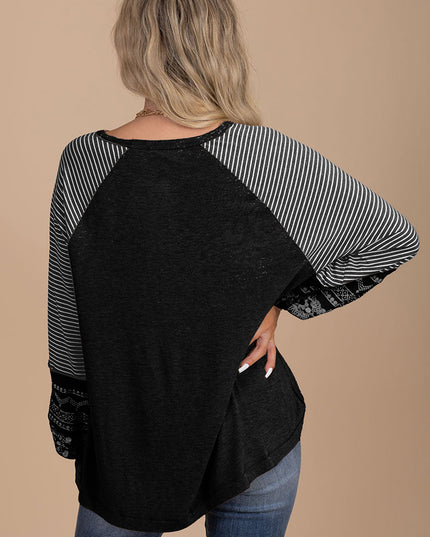 Rose Red Contrast Print Striped Raglan Long Sleeve Loose Top