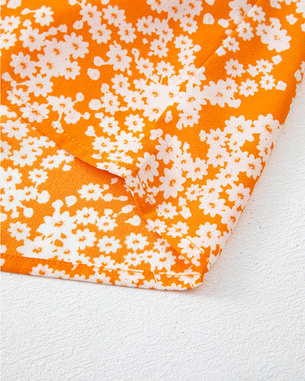 Orange Floral Print Smocked V Neck Bell Sleeve Maxi Dress