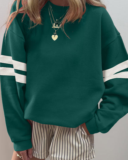 Fiery Red Preppy Striped Sleeve Loose Sweatshirt