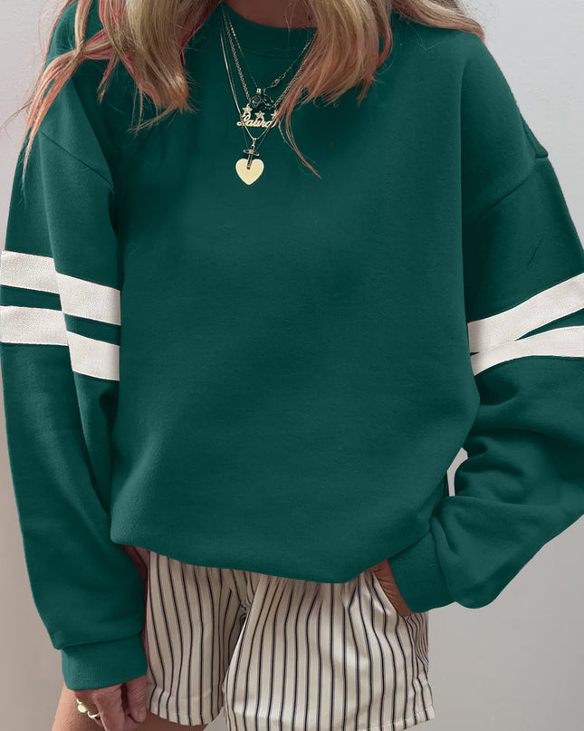 Fiery Red Preppy Striped Sleeve Loose Sweatshirt