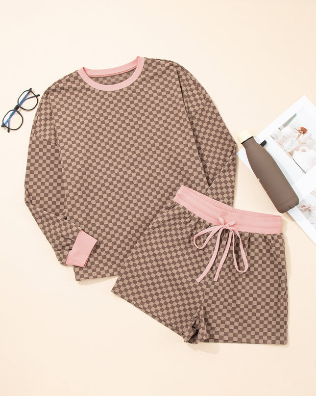 Sky Blue Checkerboard Contrast Trim Long Sleeve Pullover and Shorts Set