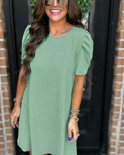 Blossom Corded Crew Neck Puff Sleeve Mini Dress
