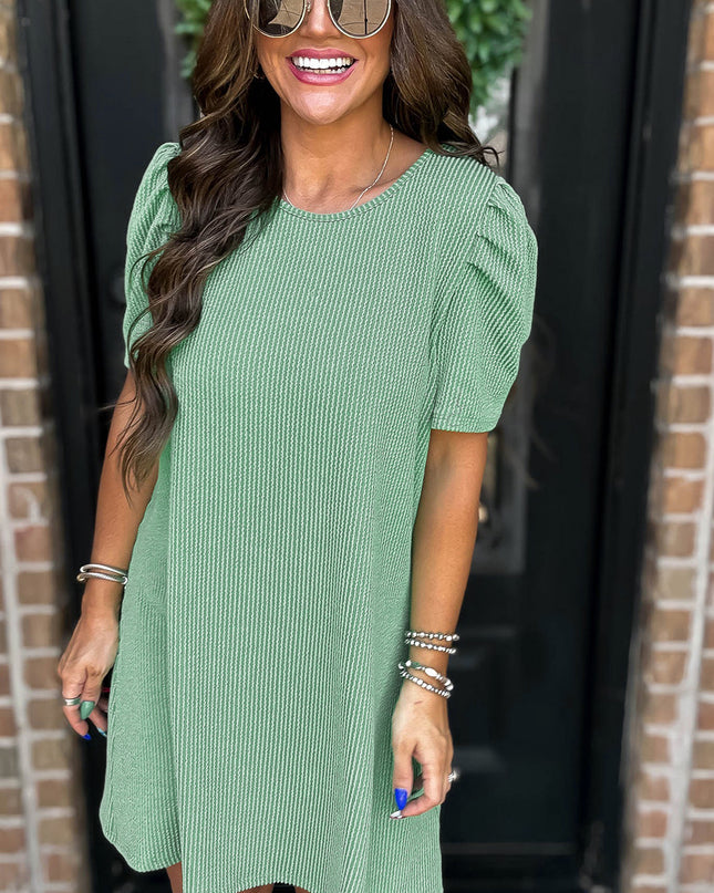 Blossom Corded Crew Neck Puff Sleeve Mini Dress