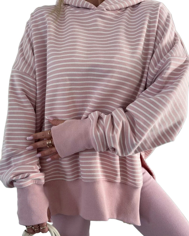 Purple Stripe Thumbhole Side Slits Drop Shoulder Loose Fit Hoodie