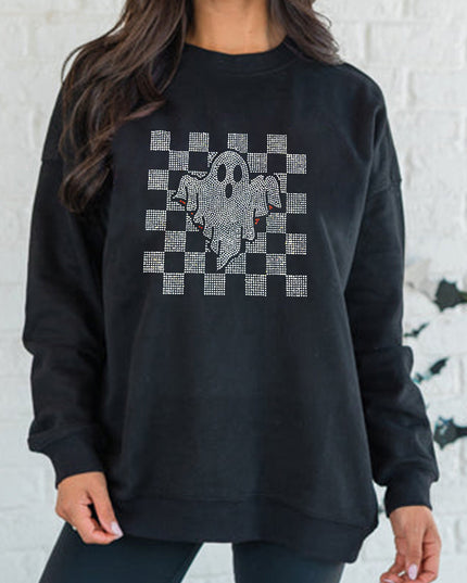 Black Rhinestone Checkered Halloween Ghost Drop Shoulder Sweatshirt
