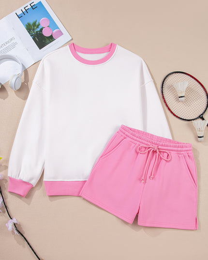 Strawberry Pink Colorblock Pullover and Drawstring Shorts Set