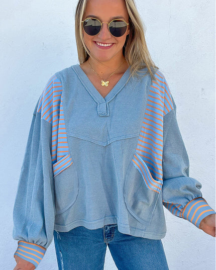 Meadow Mist Green Exposed Seam Waffle Striped Patchwork Baggy Pullover