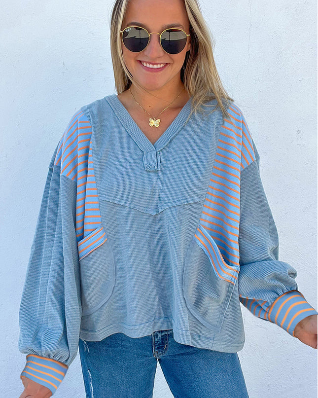 Meadow Mist Green Exposed Seam Waffle Striped Patchwork Baggy Pullover