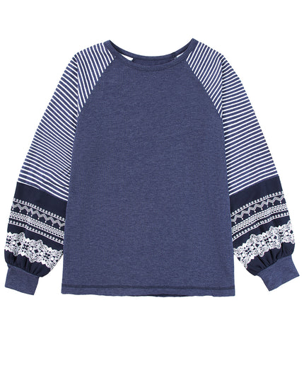 Rose Red Contrast Print Striped Raglan Long Sleeve Loose Top