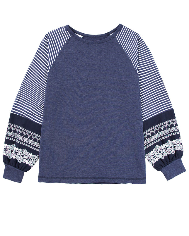 Rose Red Contrast Print Striped Raglan Long Sleeve Loose Top