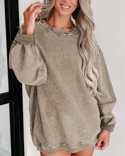 Green Ribbed Round Neck Drop Sleeve Pullover Sweatshirt