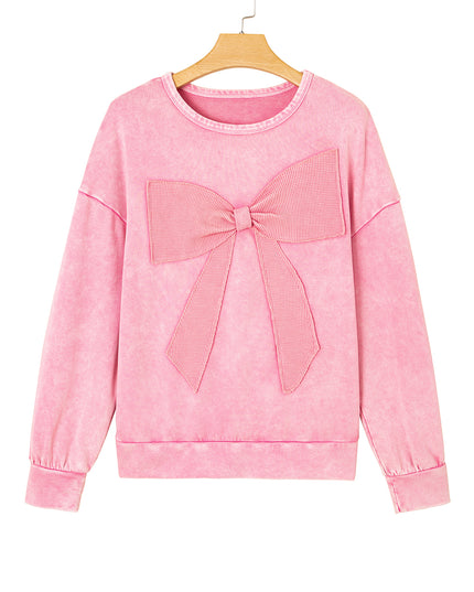 Bright Pink Mineral Wash Waffle Bow Patched Pullover Sweatshirt