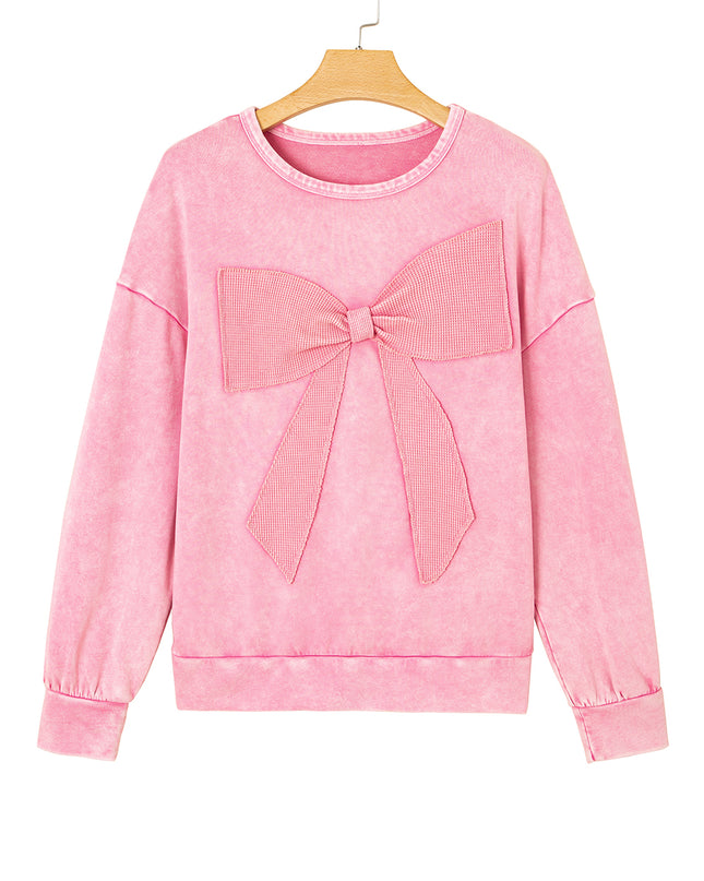 Bright Pink Mineral Wash Waffle Bow Patched Pullover Sweatshirt