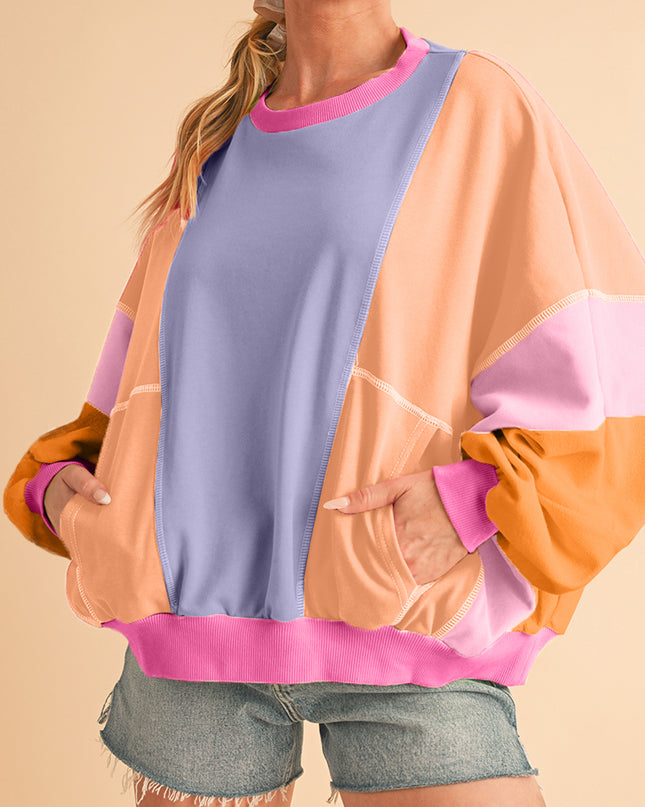 Grapefruit Orange Colorblock Patchwork Drop Shoulder Top