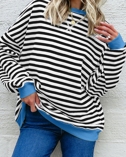 Blue Striped Contrast Trim Drop Shoulder Sweatshirt