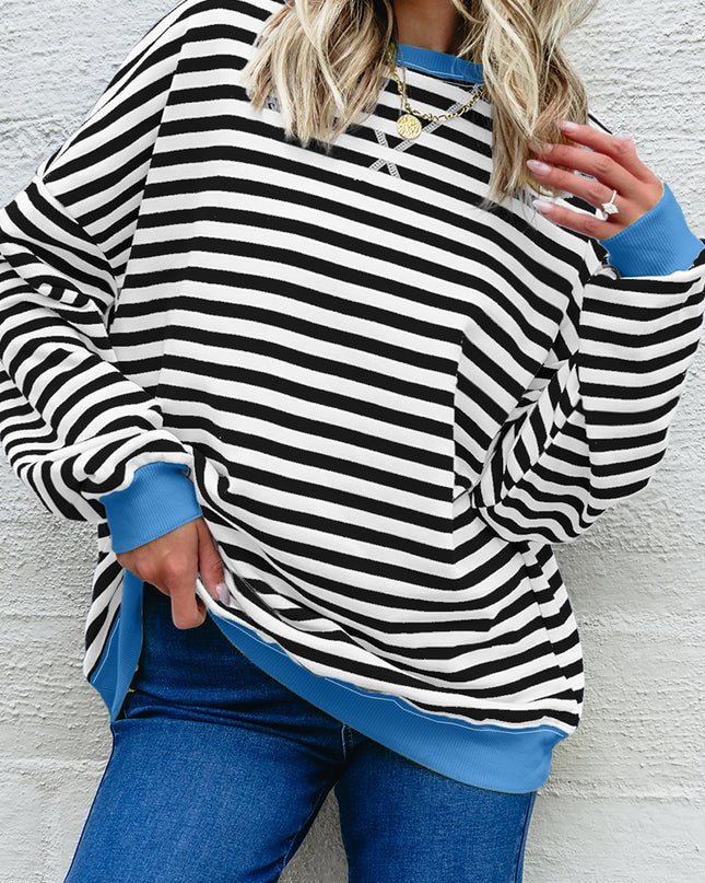 Blue Striped Contrast Trim Drop Shoulder Sweatshirt