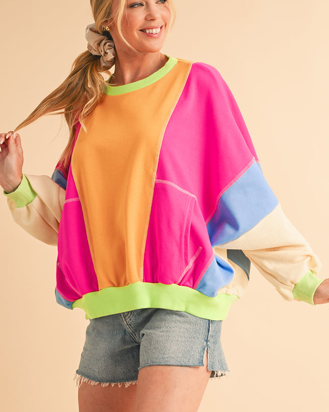 Grapefruit Orange Colorblock Patchwork Drop Shoulder Top