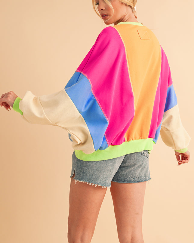 Grapefruit Orange Colorblock Patchwork Drop Shoulder Top