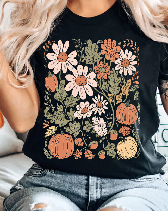 Black Wild Flower Pumpkin Print T Shirt