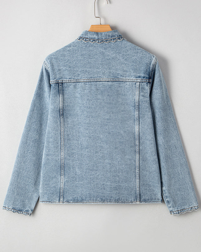 Myosotis Scallop Trim Collar Pocket Button Up Denim Jacket