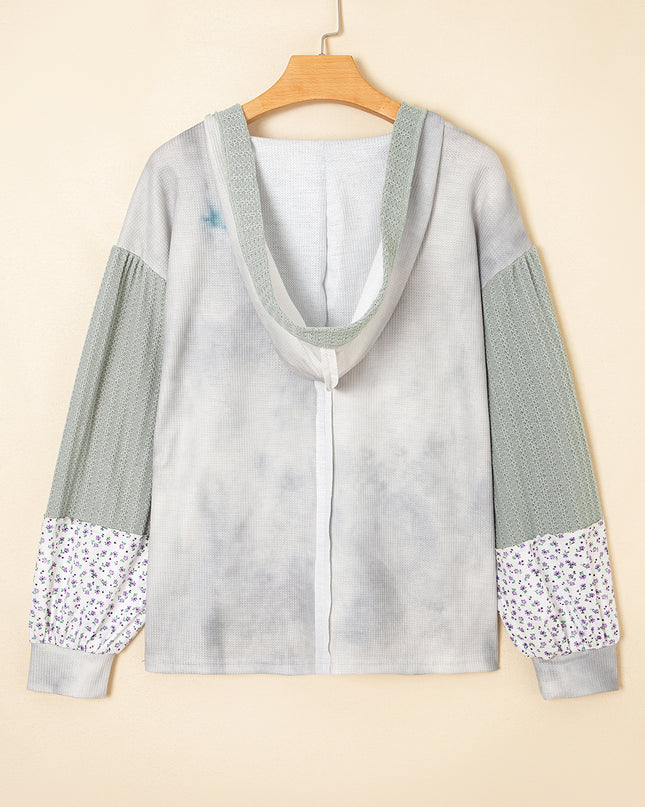 Beige Floral Textured Colorblock Patchwork Bishop Sleeve Hooded Top