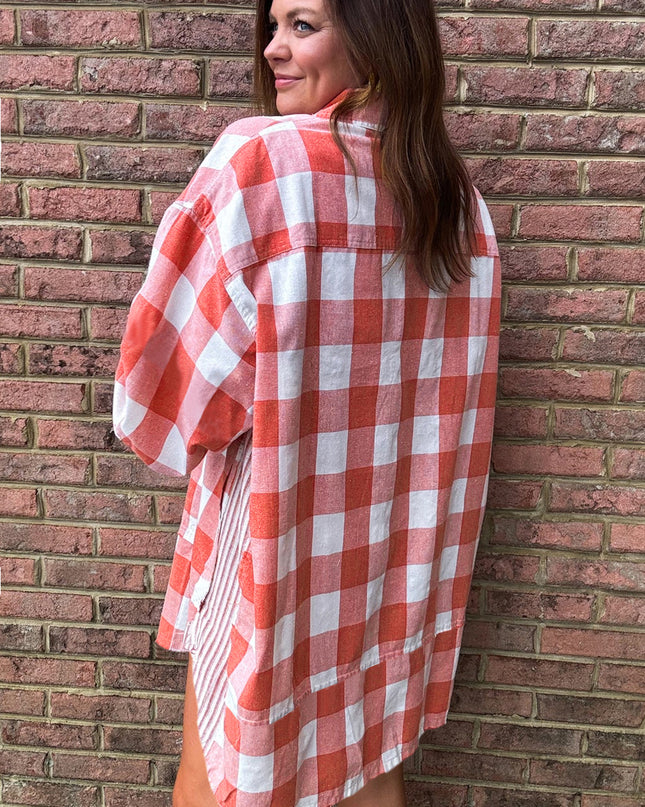Pink Plaid Oversized Raw Hem Long Sleeve Dress