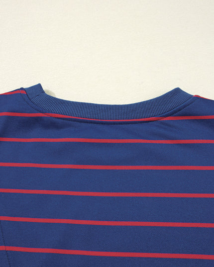 Blue Striped Overlap Detail Drop Shoulder Pullover Sweatshirt