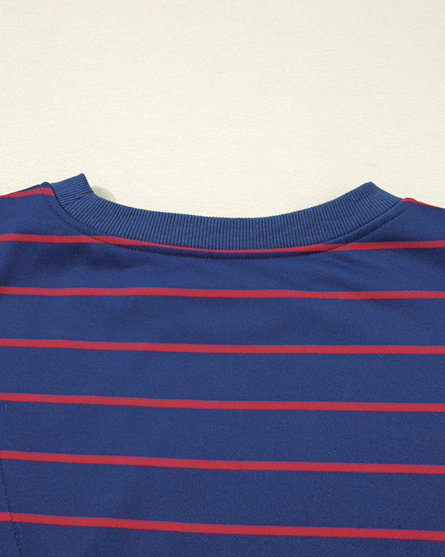 Blue Striped Overlap Detail Drop Shoulder Pullover Sweatshirt