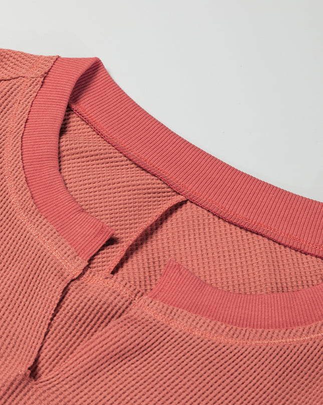 Mineral Red Waffle Knit Patchwork Exposed Seam Long Sleeve Top
