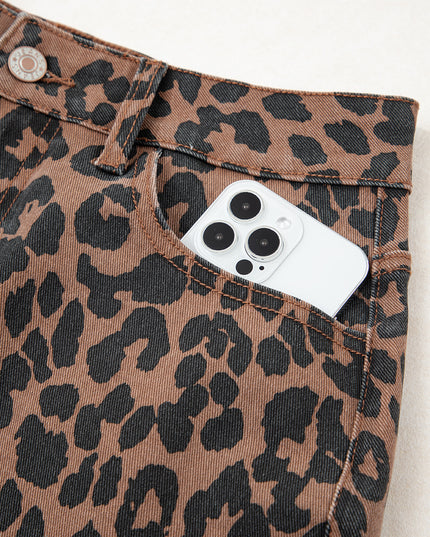 Brown Leopard Frayed Split Denim Midi Skirt