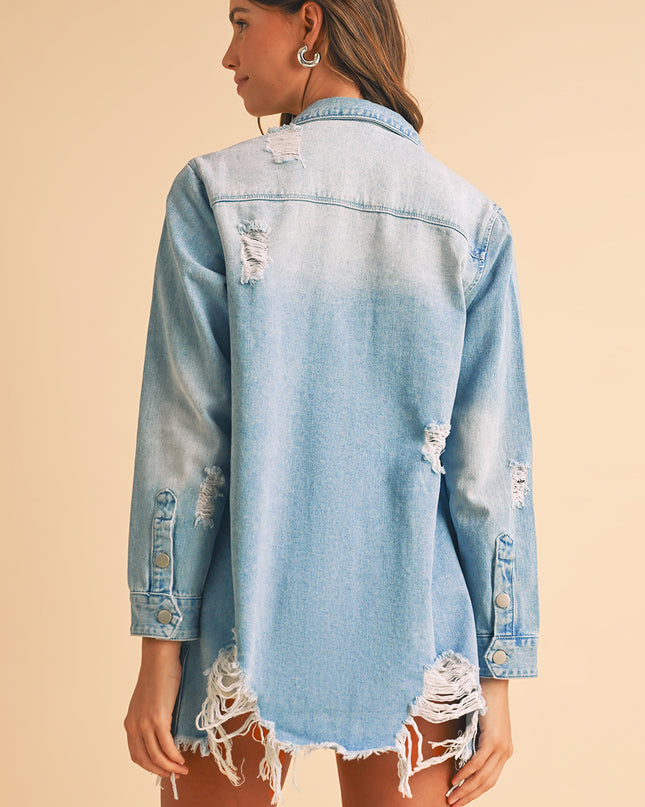 Beau Blue Light Wash Distressed Frayed Long Denim Jacket