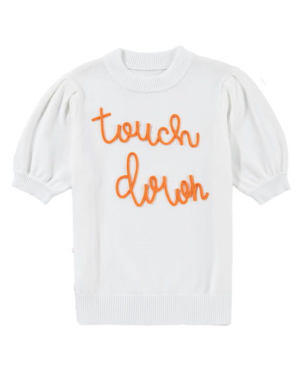 White Touchdown Puff Sleeve Sweater – Game Day Football Graphic Top