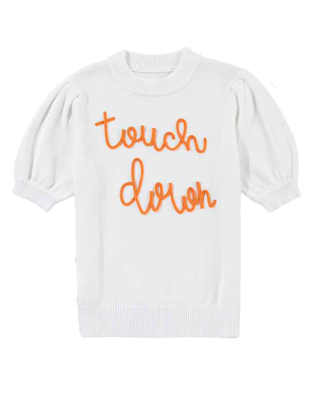 White Touchdown Puff Sleeve Sweater – Game Day Football Graphic Top