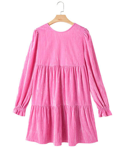 Strawberry Pink Flounce Sleeve Tiered Ruffled Velvet Mini Dress