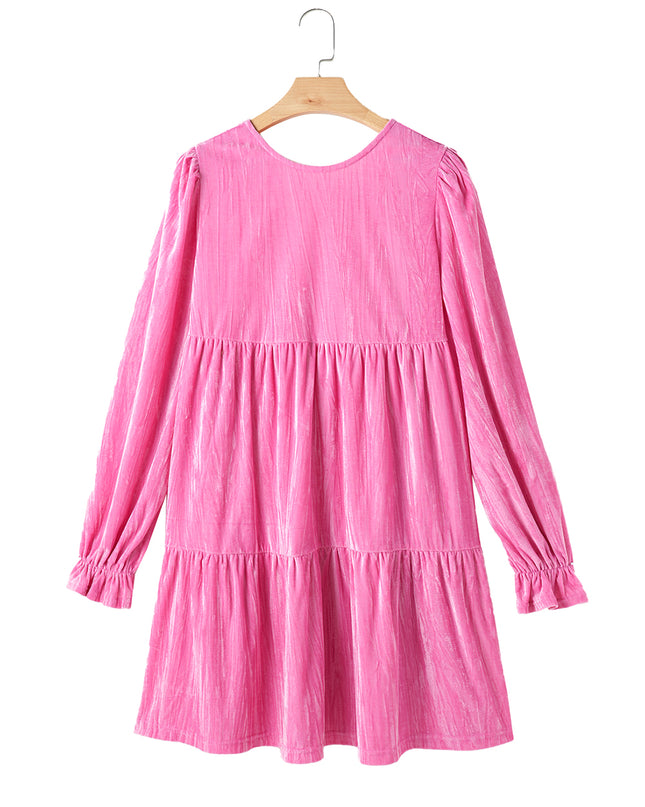 Strawberry Pink Flounce Sleeve Tiered Ruffled Velvet Mini Dress