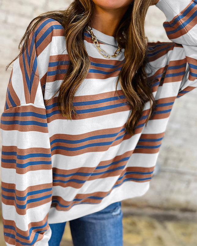 Brown Stripe Crew Neck Drop Shoulder Pullover Sweatshirt – Women’s Casual Long Sleeve