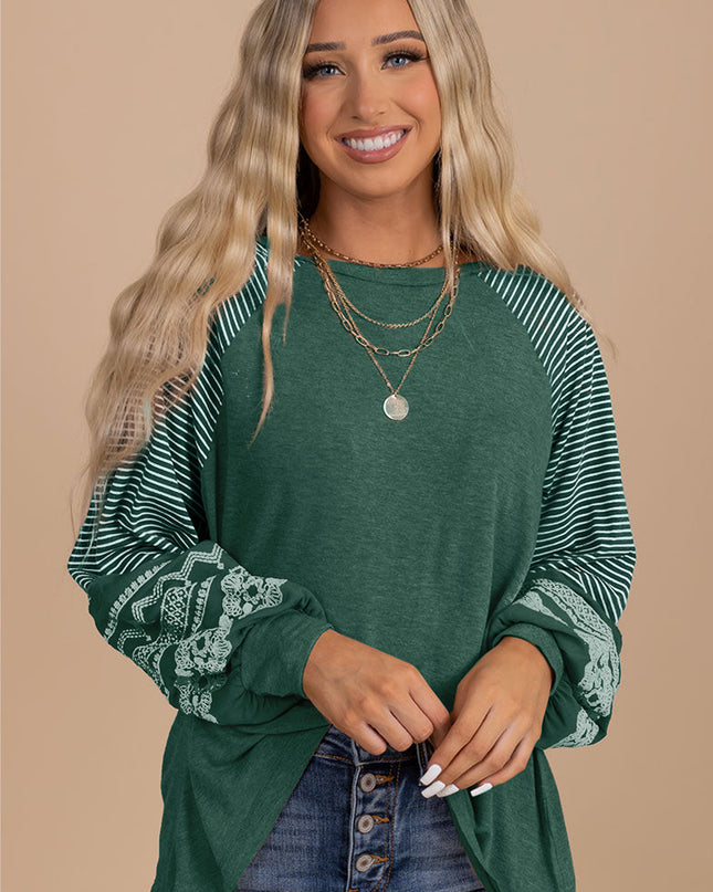 Rose Red Contrast Print Striped Raglan Long Sleeve Loose Top