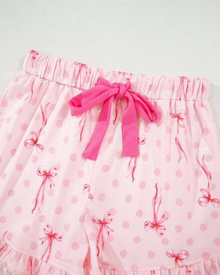 Pink Polka Dot and Bow Print Ruffle Hem Shorts Pajama Set