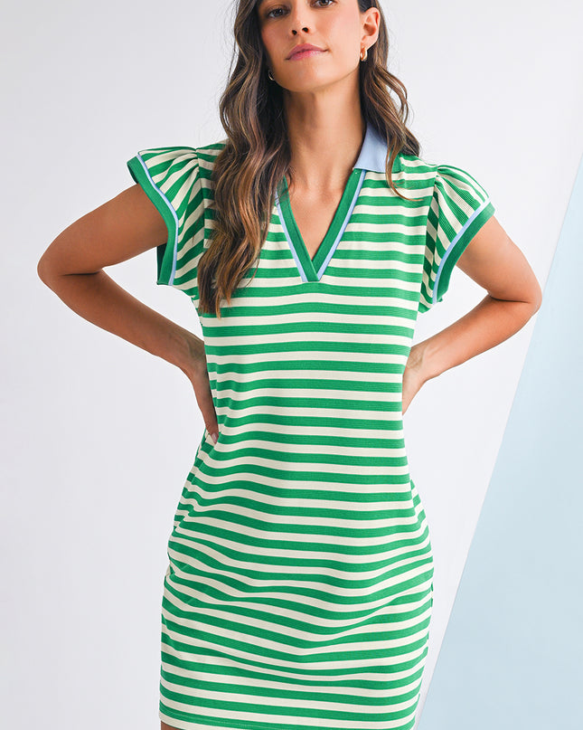 Green Striped Ruffle Short Sleeve Pop of Color Neckline Dress