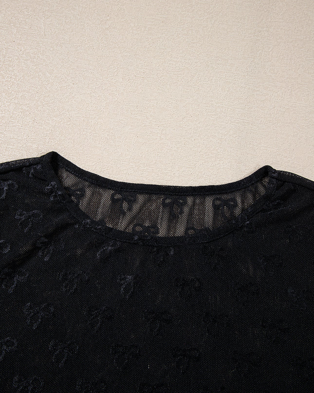 Black Bow Pattern Long Sleeve Slim Fit Mesh Top