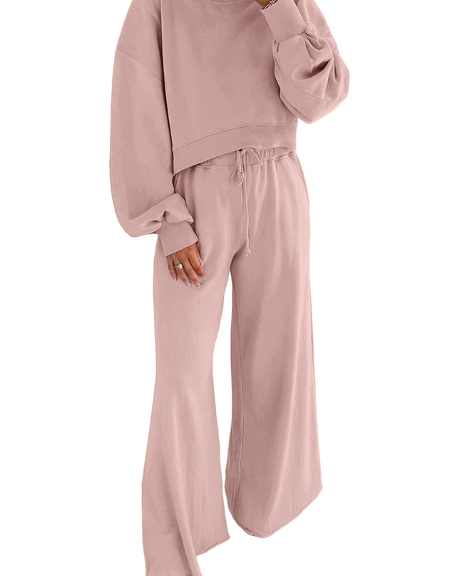 Mist Blue Wide-Leg Lounge Set | Drop Shoulder Crop Pullover & Drawstring Pants